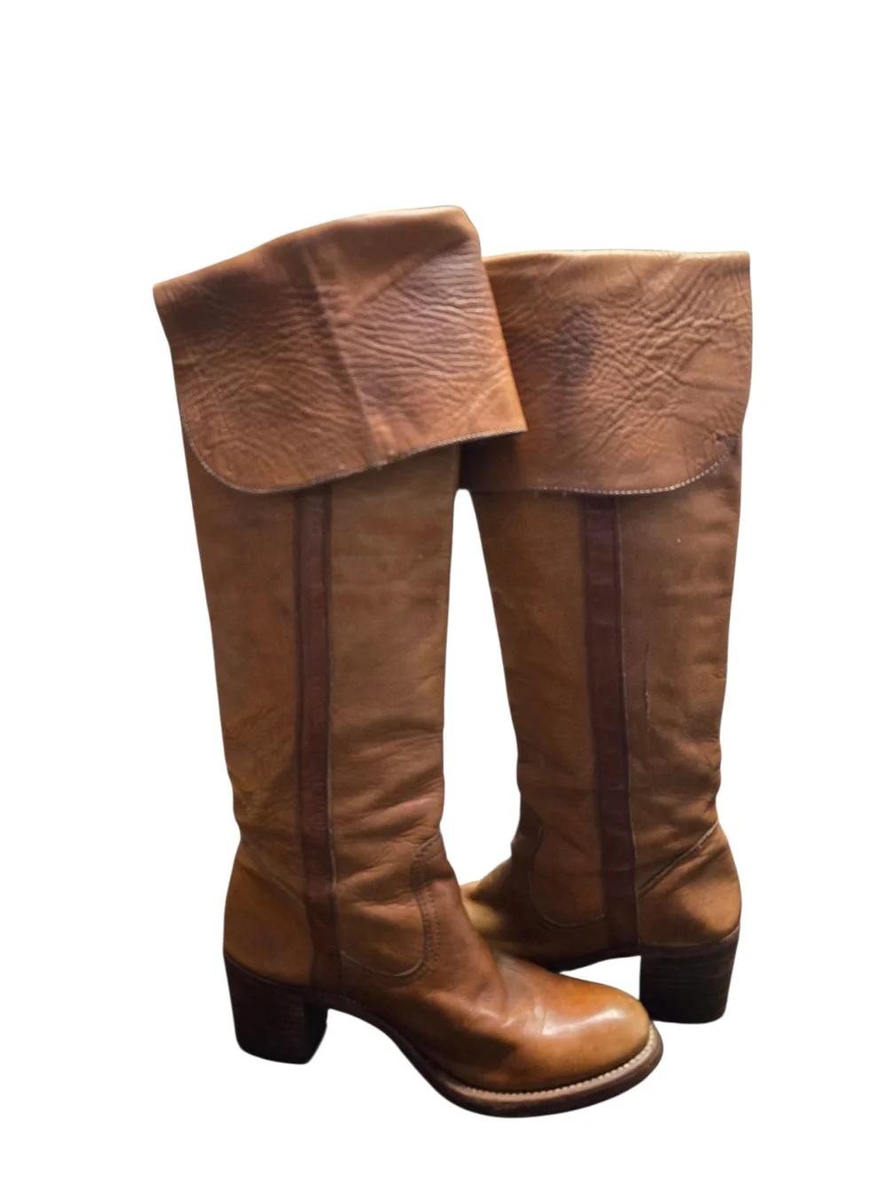Vintage FRYE USA Leather Tall Cuffed Riding Western Boots Brown 6 1/2 B